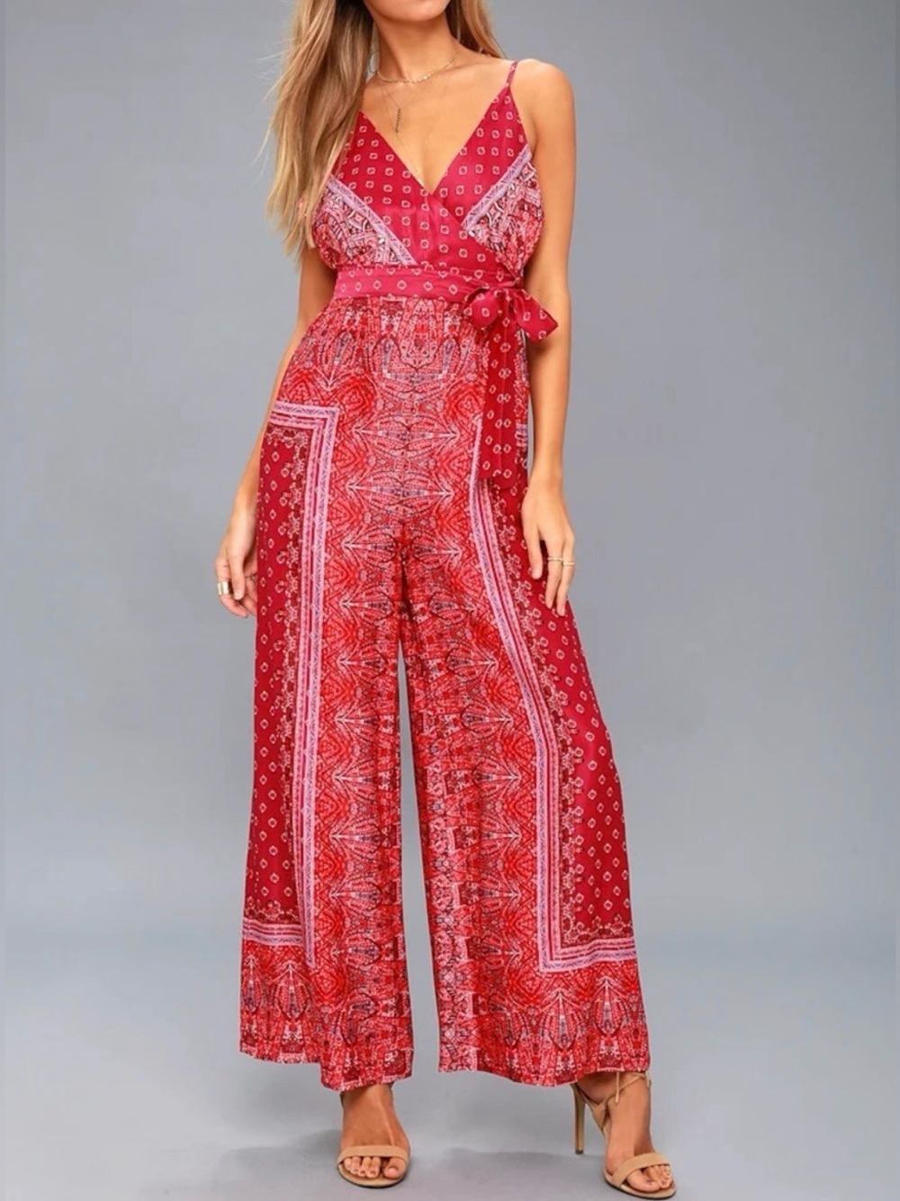 Free People Red Printed Wide-Leg Jumpsuit with Tie Waist